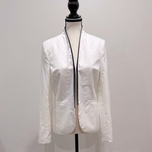 Chic White Blazer with Black Satin Trim by Chantal Paris – Size M